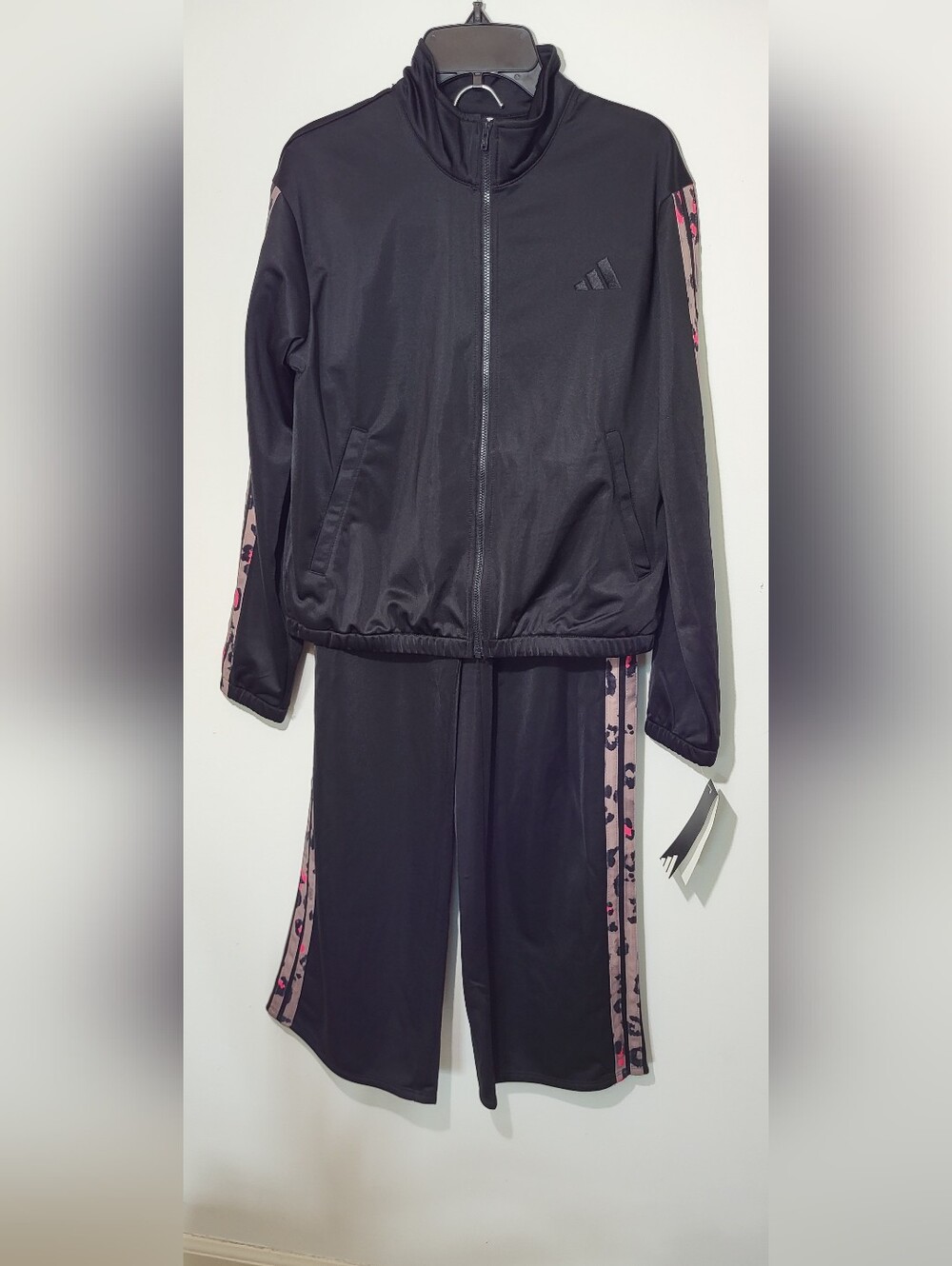 Adidas Girls TrackljTricot Suit  Jacket Wide-Leg Pants Black Leopard Black 14 L